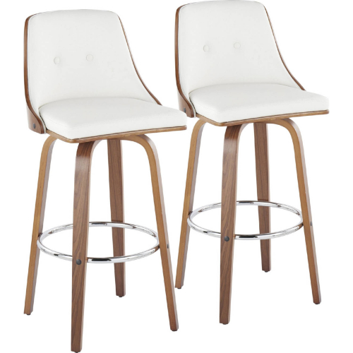 Gianna Swivel Bar Stool in Walnut Wood & White Leatherette w/ Chrome Footrest (Set of 2)